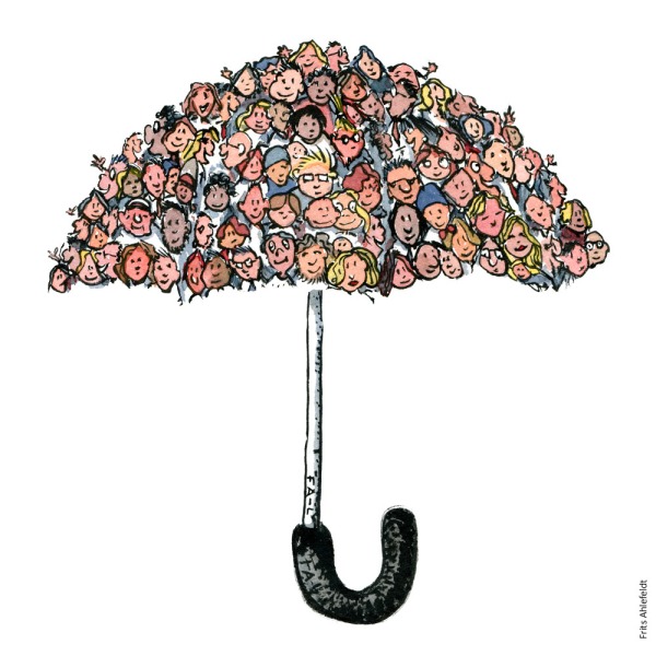 Drawing of an umbrella with faces on it. Illustration by Frits Ahlefeldt