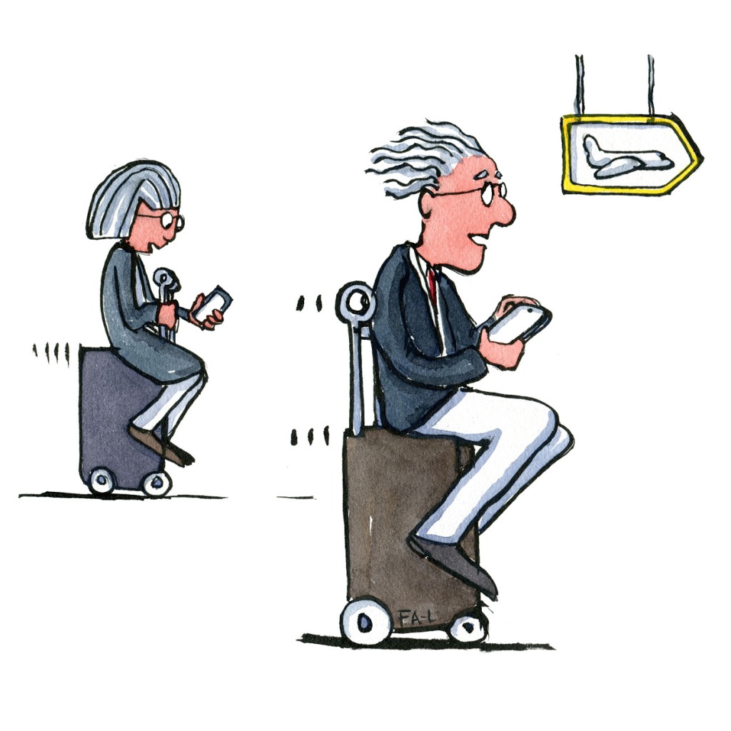illustration of man and woman sitting on suitcase that is self driving. Drawing by Frits Ahlefeldt