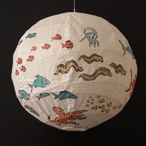 Artwork by Frits Ahlefeldt - Painting on rice paper lamp with fish illustration