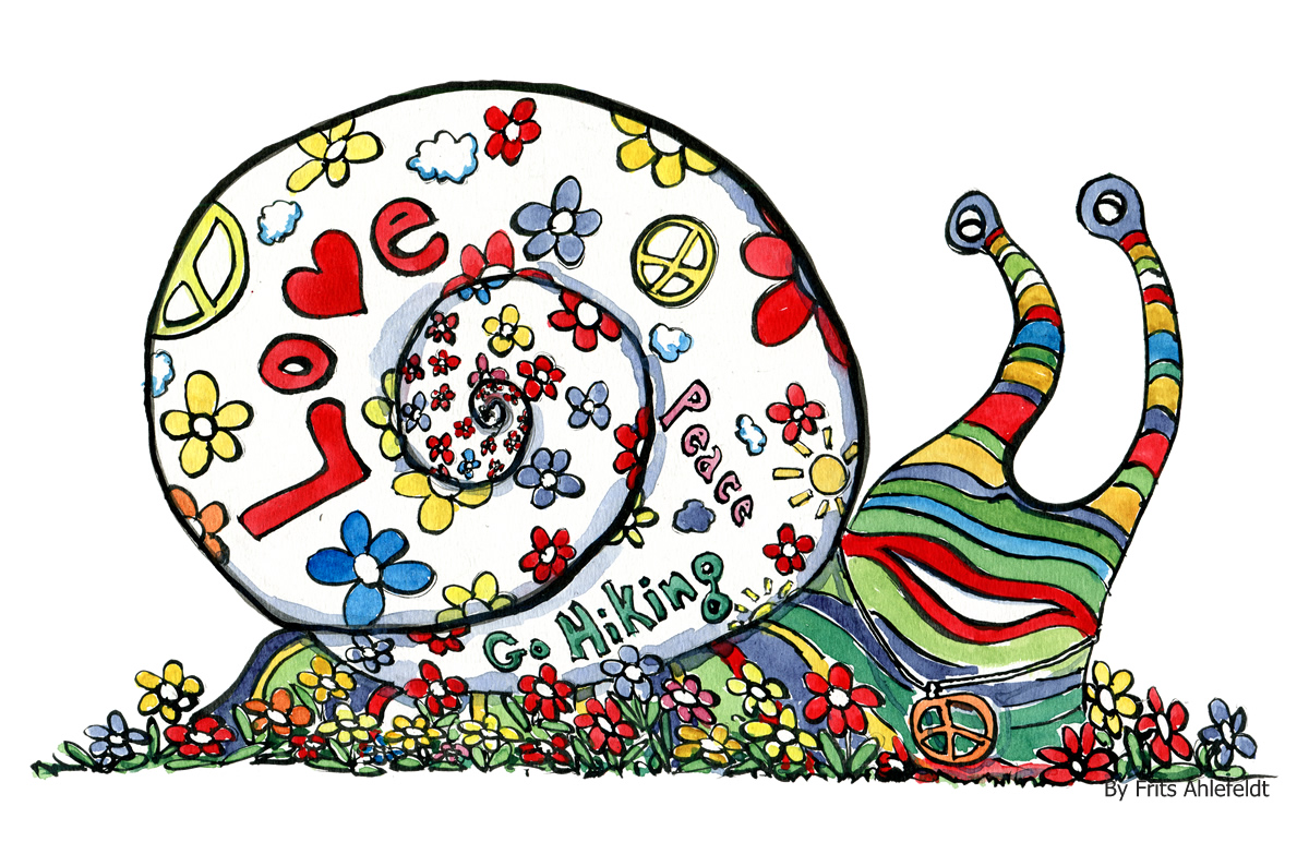 illustration of a snail with flowers, peace and love signs