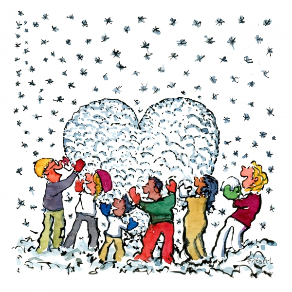 Group of people building a snowheart together