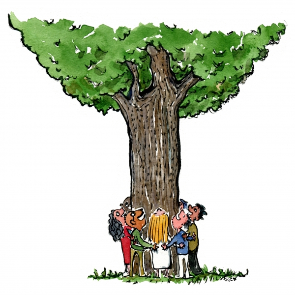 Group of people hugging a tree drawing