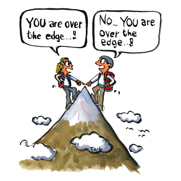 Drawing of two hikers on each side of a mountain top both saying you are over the edge. illustration by Frits Ahlefeldt