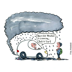 Drawing of a man in car telling hiker "horrible weather is coming, get a car" Hand drawn illustration by Frits Ahlefeldt